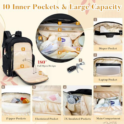 miss fong Diaper Backpack - Mommy & Dad Diaper Bag with Dispenser, 16 Pockets, Large Capacity, Travel & Baby Shower Gifts - Dark Black - color: Dark