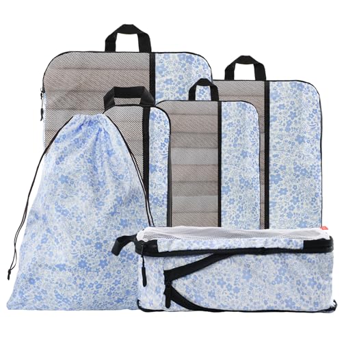 U+U 6 Set Compression Packing Cubes - Ultralight Travel Organizers with Laundry Bag, Space-Saving Suitcase Organizer for Travel, Business Trip and Family Vacation (Blue Flower) - color: Blue Flower, size: 6 Set