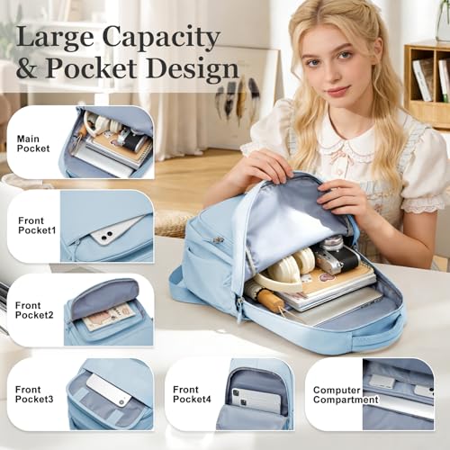 Cute School Backpack for Teens Girls Boys Waterproof School Bag Basic Backpack for College Students Multi Pocket Backpack Lightweight Casual Daypack Backpacks for Women Men（Blue） - color: Blue