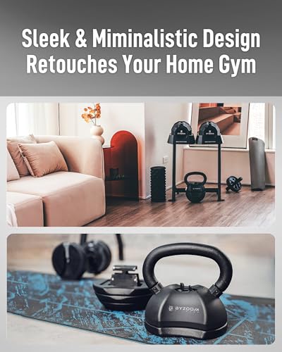 BYZOOM FITNESS Pure Series Adjustable Kettlebell 30/40/50LB - 5-IN-1 Weight Change, Patented Quick-Change Machenism, Ergonomic Curved Handle for Home Gym, Strength Training, HIIT, White OR Black - color: 30LB Black