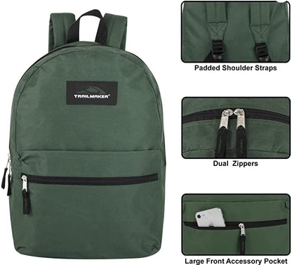 Trail maker 24 Pack- Classic 17 Inch Backpacks in Bulk Wholesale Back Packs for Boys and Girls - color: Green