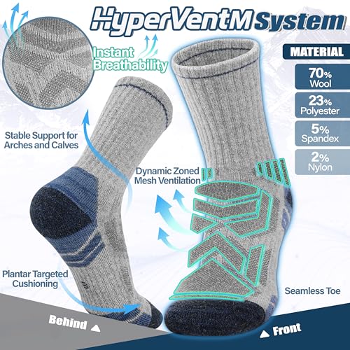 ANTSANG Merino Wool Hiking Socks, Enhanced Breathability, Targeted Cushion Thermal Socks for Men and Women, 5 Pairs - color: Gray Mixed, size: Large