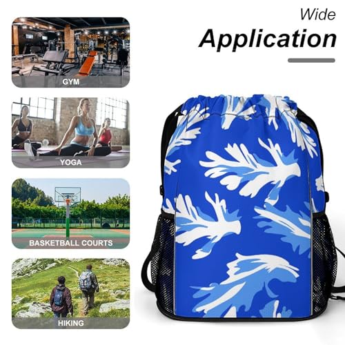 Drawstring Gym Backpack with Shoe Compartment And Wet Pocket, 28L Lightweight Waterproof Blue Celery Pattern Sports Backpack for Workout Swim Beach Travel String Bag for Men Women