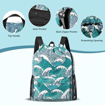 Drawstring Backpack with Mesh Pockets String Gym Bag Sackpack Sandproof Water Resistant Beach Backpack for Men Women - color: Blue Waves