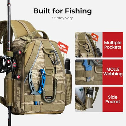 Piscifun Fishing Backpack with Rod Holder, Lightweight Sling Bag Storge Gear and Equipment - color: Khaki Camouflage, size: Standard, style: Urban