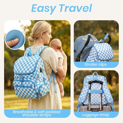 FHELAD Checkered Diaper Bag Backpack with Changing Pad & Stroller Clips, Large Travel Baby Diaper Bag for Newborn Moms, Baby Shower Gifts (Sky Blue) - color: Sky Blue