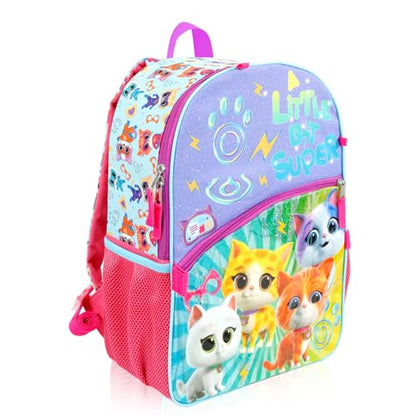 Super Kitties Backpack with Lunch Box for Girls + Accessories Bundle | 16" Large SuperKitties Bookbag, Insulated Lunch Bag Plus Water Bottle, Coin Pouch, More - Super Kitties School Supplies