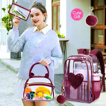 gxtvo 3PCS Girls See Through Backpack Heavy-Duty Set for Women & Teen, 17" Transparent Bookbag for with Luxurious Gold Zipper, Wine Red Sequins Clear School Bag - color: Wine Red Sequins Clear Backpack Set