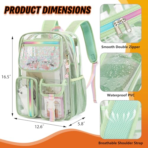 Clear Backpack for Girls Women, PVC Transparent School Backpacks See Through Bookbag for Stadium Sport Travel (Matcha Green) - color: Matcha Green