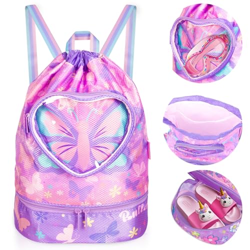 Drawstring Backpack for Kids Girls, Cute Cartoon Butterfly Waterproof Drawstring Bag String Swim Gym Sports Beach Bag with Shoes & Sunglasses Compartment and Wet Proof Pocket - color: J11. Butterfly