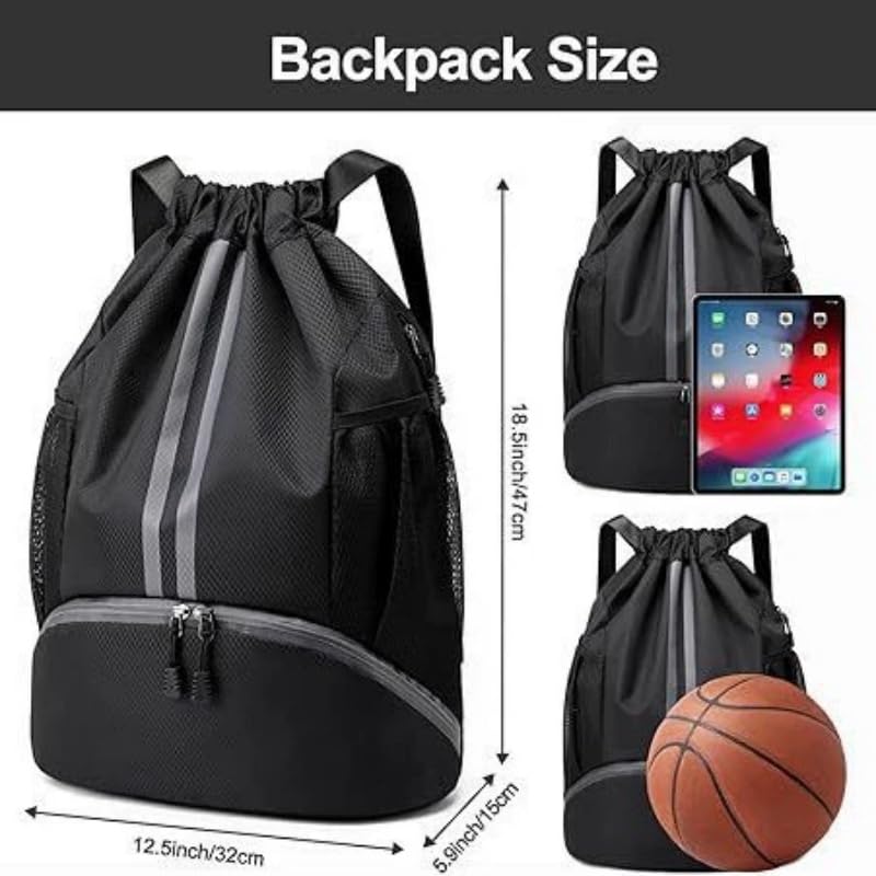Sport Drawstring Backpack Gym Bag with Shoes Compartment for Soccer, Basketball, Swim, String Backpack Beach Cinch for Women Men