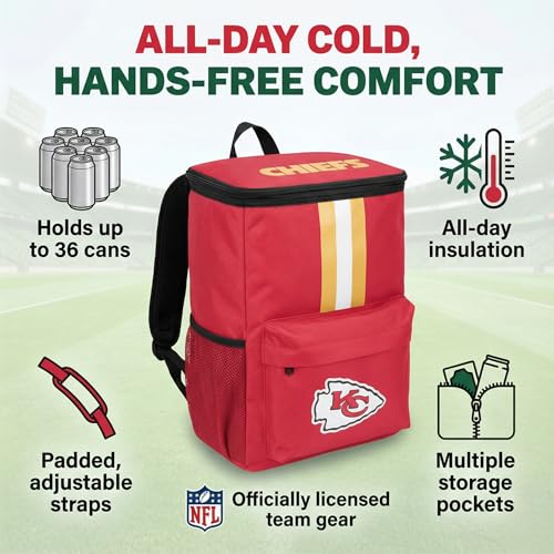 Cooler Backpack – Portable Soft Sided Ice Chest – Insulated Bag Holds 36 Cans - Football Gear – Show Your Team Spirit with Officially Licensed Fan Gear - style: Kansas City Chiefs
