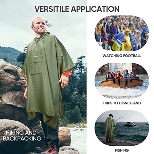 PTEROMY 3-in-1 Hooded Rain Poncho for Adult with Pocket, Waterproof Lightweight Unisex Raincoat for Hiking Camping Emergency - color: Green