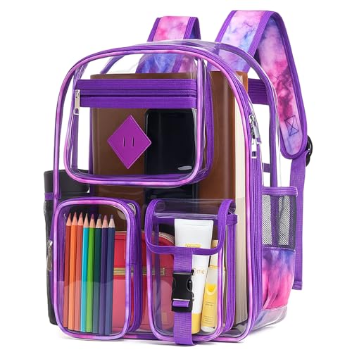 Clear Backpack-Heavy Duty PVC clear backpack for Stadium/Travel/Work,Dual Zippered Compartments&Mesh Side Pockets (purple) - color: Purple