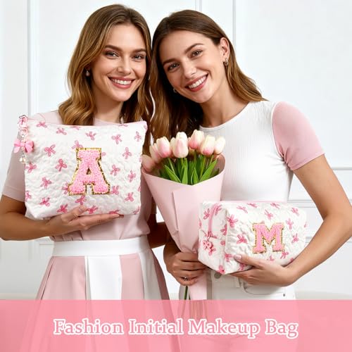 Initial Makeup Bag, Valentines Day Gifts for Women Teens Girls Birthday Gift Personalized Bow Cosmetic Bag, Quilted Cosmetic Travel Toiletry Pouch, Cute Makeup Organizer Teen Girl Gifts Trendy Stuff B - color: B