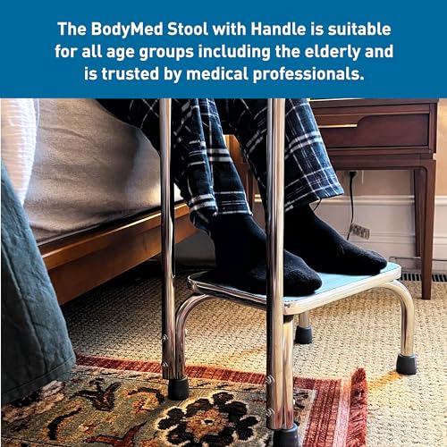 BodyMed Heavy-Duty Foot Step Stool with Handle and Non-Slip Rubber Platform for Seniors & Adults – Holds up to 300lbs, 9 ½ in. Step Up, 18”L x 11.5”W x 34”H - color: Chrome With Handle