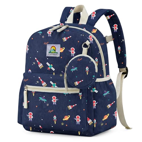 Corduroy Toddler Backpack for Boys 2-5: Space Astronaut Kids backpack for Boys - 13.5 inch Preschool Kindergarten Backpacks with Coin Purse - color: Navyblue-astronaut