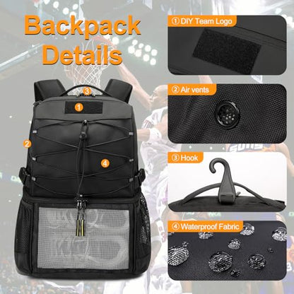 TANGCORLE Basketball Backpack Large Sports Equipment Bag with Separate Ball & Shoes Compartment, Sports Backpack Fit Soccer Volleyball Backpack
