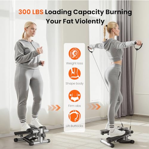 Sweetcrispy Mini Stair Stepper with Resistance Bands, Hydraulic Home Stepper Machine, 300 LBS Weight Capacity, Compact Cardio Equipment with LCD Monitor, No Assembly Required - color: Silver