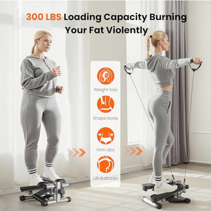 Sweetcrispy Mini Stair Stepper with Resistance Bands, Hydraulic Home Stepper Machine, 300 LBS Weight Capacity, Compact Cardio Equipment with LCD Monitor, No Assembly Required - color: Silver