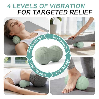 Silicone Vibrating Peanut Massage Ball Roller, Green | Water Resistant , Electric Double Lacrosse Massage Ball, 4 Intensities, For Muscle Tightness Deep Tissue, For Foot Back Hip - color: Green