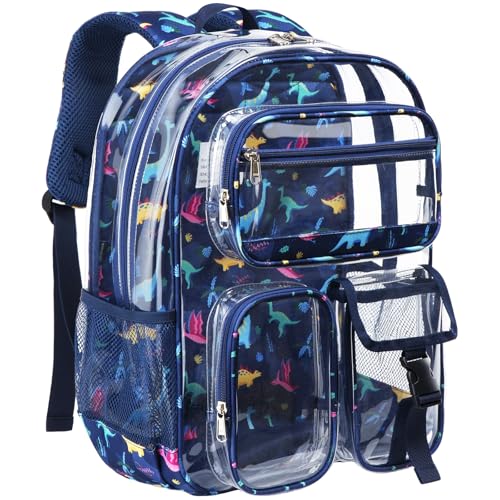 Vorspack Clear Backpack for Boys, 17 Inch Heavy Duty Transparent School Bookbag with Reflective Strip, See Through Kids Dinosaur Backpack for Ages 9-15, Black - color: Blue, size: Teens-17''H