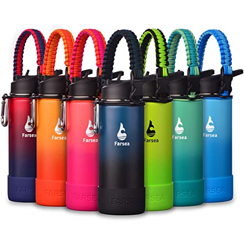 Farsea Insulated Water Bottle With Paracord Handle, Protective Silicone Boot and 2 Lids (Straw Lid & Spout Lid), Stainless Steel Water Bottle Wide Mouth, Double Wall Sweat-Proof BPA-Free, 18 oz - color: Indigo/Balck, size: 18 Ounces