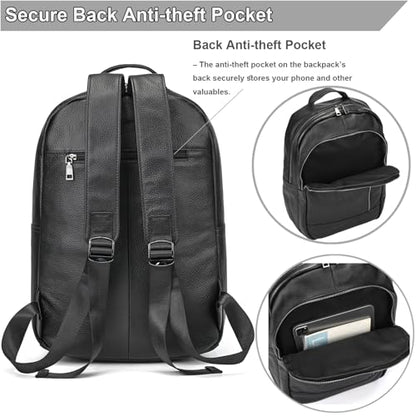 Large Capacity Black Leather Backpack for Men, 15.6 Inch Genuine Leather Laptop Backpack Business Travel Shoulder Daypacks - color: Y80&16y Black