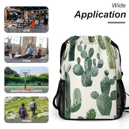 Drawstring Gym Backpack with Shoe Compartment And Wet Pocket, 28L Lightweight Waterproof Light Cactus Pattern Sports Backpack for Workout Swim Beach Travel String Bag for Men Women