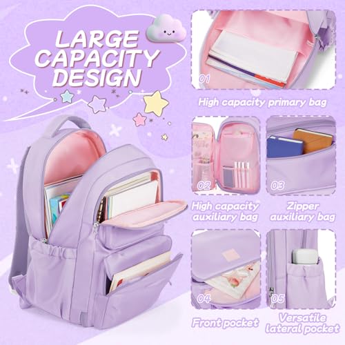 Cute Backpack For School Teens Girls, Aesthetic Kids Elementary School Backpacks, Waterproof Middle Students Bookbag, Large Capacity Backpack For College Women Men (Purple) - color: Purple