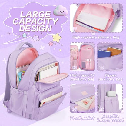 Cute Backpack For School Teens Girls, Aesthetic Kids Elementary School Backpacks, Waterproof Middle Students Bookbag, Large Capacity Backpack For College Women Men (Purple) - color: Purple