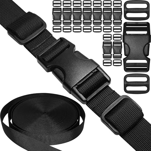 1 inch Straps and Buckles Set: 12 yard Nylon Webbing Strap 1" Wide, 10 pack Side Release Plastic Buckle, 20 pcs Tri-glide Slide Clip, Heavy Duty Quick Snap Fastener Dual Adjustable No Sewing Required - size: 1" x 12 yd Strap + 10 pack Buckles