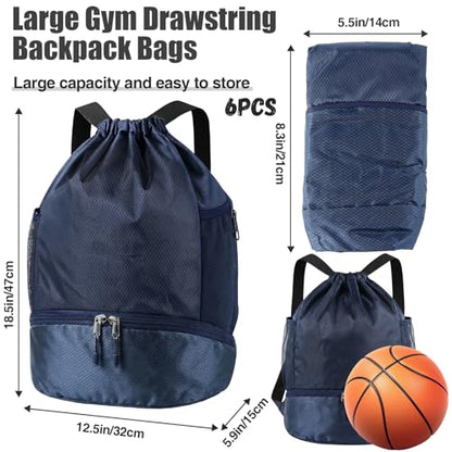 6 Pack Gym Drawstring Backpack Bags Bulk with Shoe Compartment for Sports Wet Proof Pocket for Men Women Large(Grey, Navy Blue) - color: Grey, Navy Blue