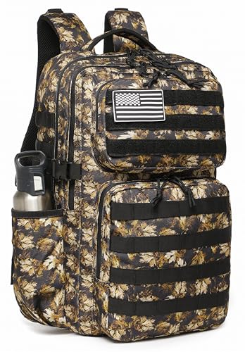 Wotony Military Tactical Backpack for Men Waterproof Daypack 3 Day Assault Pack Molle Bag with Water Bottle Holder - color: Yellow Maple Leaves, size: 35L