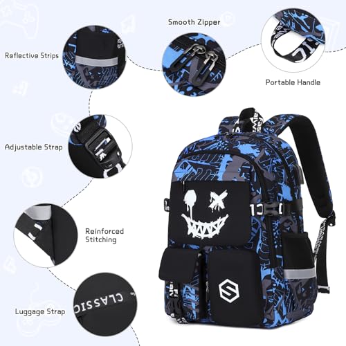 Scothen Boys Backpack, Cool Luminous School Backpacks for Boys with Lunch Bag Pencil Case, Kids Backpack Kindergarten Elementary Middle School Book Bags for Teen Boy Children with USB Charging Port - color: Blue Face