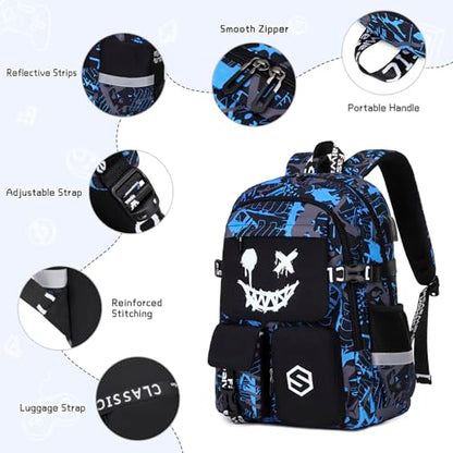Scothen Boys Backpack, Cool Luminous School Backpacks for Boys with Lunch Bag Pencil Case, Kids Backpack Kindergarten Elementary Middle School Book Bags for Teen Boy Children with USB Charging Port - color: Blue Face