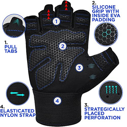 RDX Weight Lifting Gloves Gym Fitness Workout, Anti Slip Padded Full Palm Protection, Ultra Ventilated, Bodybuilding Strength Training HIIT WOD Exercise, Half Finger Men Women Cycling Rowing Climbing - color: Blue, size: Small