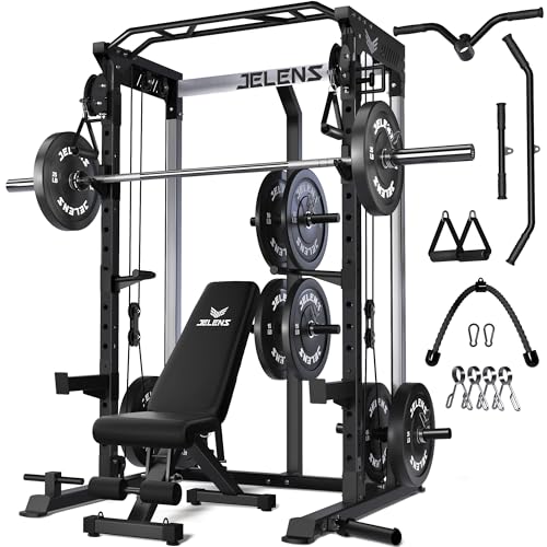 JELENS C21 Power Cage, 2000LBS Multi-Function Power Rack with Independent Dual Pulley System, All-in-One Squat Rack for Cable Crossover, Home Gym Workout Machine - color: Black, size: 260LBS Black Weights Package
