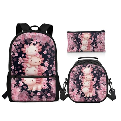 Backpack for Boys Girls Axolotl Cherry Blossom Backpacks 3 Pack Elementary School Bag with Reusable Lunch Bag Pencil Case Set Preschool Kindergarten Toddler - color: Axolotl Cherry Blossom