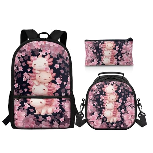 Backpack for Boys Girls Axolotl Cherry Blossom Backpacks 3 Pack Elementary School Bag with Reusable Lunch Bag Pencil Case Set Preschool Kindergarten Toddler - color: Axolotl Cherry Blossom