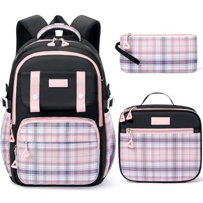 Fimibuke Girls Backpack - 3 PCS Waterproof Teens Girls Backpack Set with Lunch Box, Pencil Pouch, Cute Kids Bookbag for Elementary to High School Students Age 6+ (Black & Pink) - color: A3.pink & Black