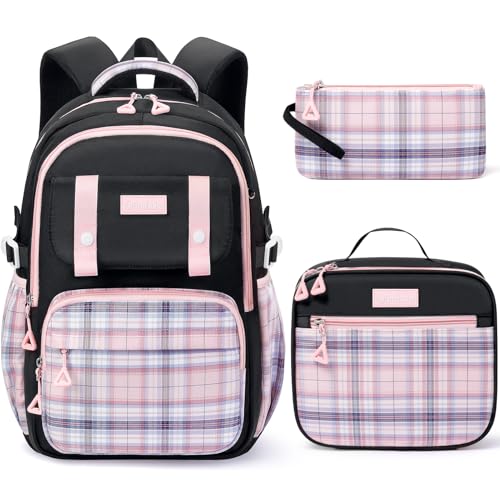 Fimibuke Girls Backpack - 3 PCS Waterproof Teens Girls Backpack Set with Lunch Box, Pencil Pouch, Cute Kids Bookbag for Elementary to High School Students Age 6+ (Black & Pink) - color: A3.pink & Black