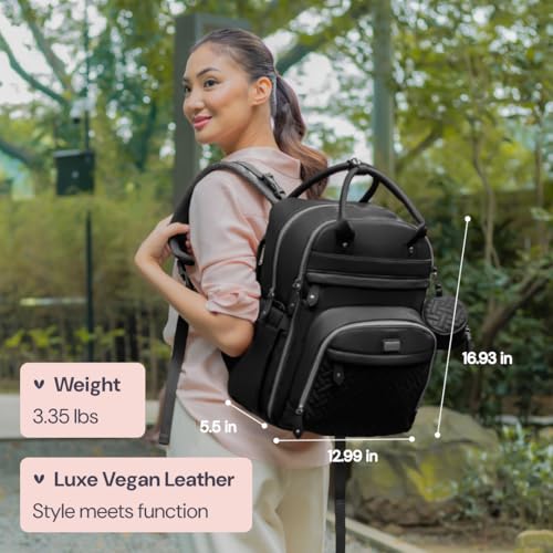 BabbleRoo Leather Diaper Bag Backpack - Baby Essentials Travel Baby Bag, Multi function, with Changing Pad, Stroller Straps & Pacifier Case – Unisex, Black - color: Vegan Leather Black, size: Large