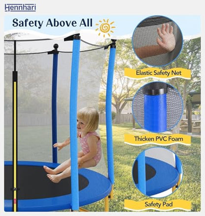 5 FT Kids Trampoline with Safety Enclosure Net, Indoor Outdoor Toddler Trampoline with U-Shaped Legs & Foam Poles, Mini Trampoline for Kids - color: Blue