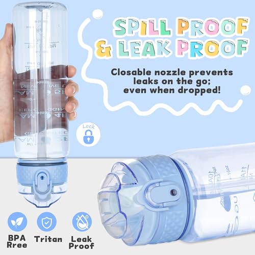 OLDLEY 17oz Kids Water Bottle, Tritan BPA-Free, Leakproof Flip Straw Lid, Motivational Time Marker, Carry Strap, Reusable Clear Water Bottle for Boys & Girls,Baby Blue - color: Baby Blue, style: 17 Ounces