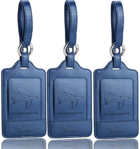 3 Pack Luggage Tags - Quick Install, Privacy Protection, Airplane Travel Essentials for Suitcases, Durable Leather - Blue - color: Blue