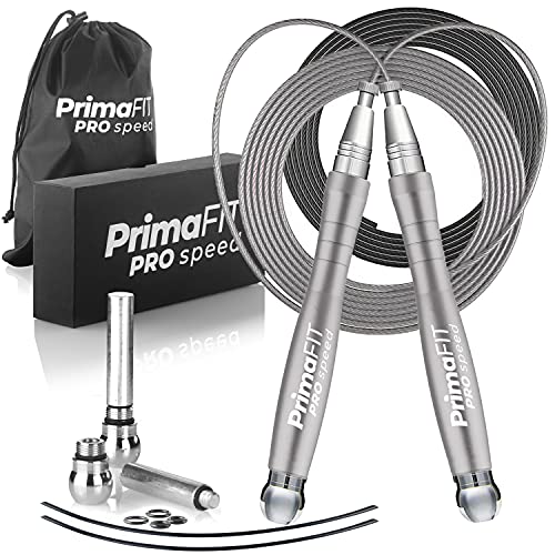 PrimaFIT Jump Rope Pro Speed Skipping Rope Adjustable Adult Jumping Rope Weighted Aluminium Handles for Double Dutch Boxing Workout Crossfit Exercise Fitness Spare Cable Weights Protectors Carry Bag - color: Silver