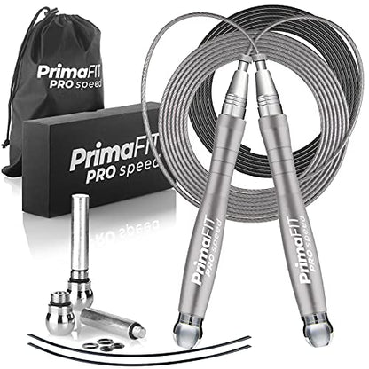 PrimaFIT Jump Rope Pro Speed Skipping Rope Adjustable Adult Jumping Rope Weighted Aluminium Handles for Double Dutch Boxing Workout Crossfit Exercise Fitness Spare Cable Weights Protectors Carry Bag - color: Silver