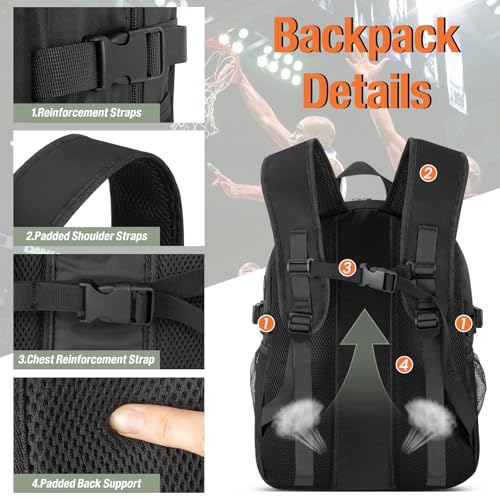 OCKLILY Basketball Backpack - Large Sports Equipment Bag with Ball Holder & Shoe Compartment, Sport Bags for Basketball, Soccer, Volleyball, Gym, School and Travel, 30L - color: Black