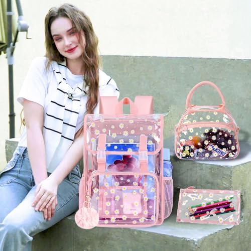 3PCS Pink Clear Backpack, Heavy Duty Transparent Bookbag for Girls Women, Stadium Approved See Through Backpack with Lunch Box (Pink Daisy) - color: Pink Daisy